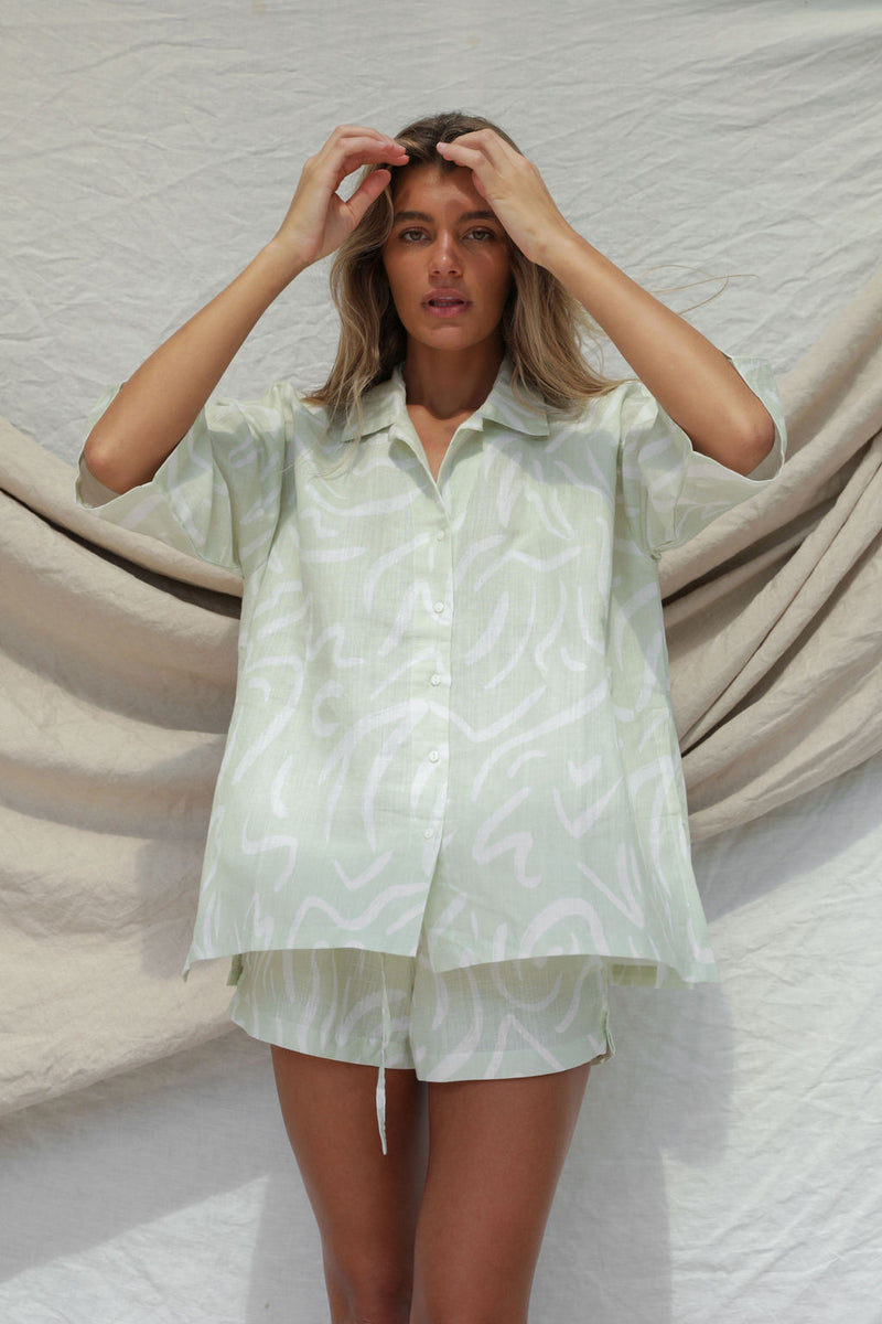 Zenni Linen Shirt - Aloe Lines Print